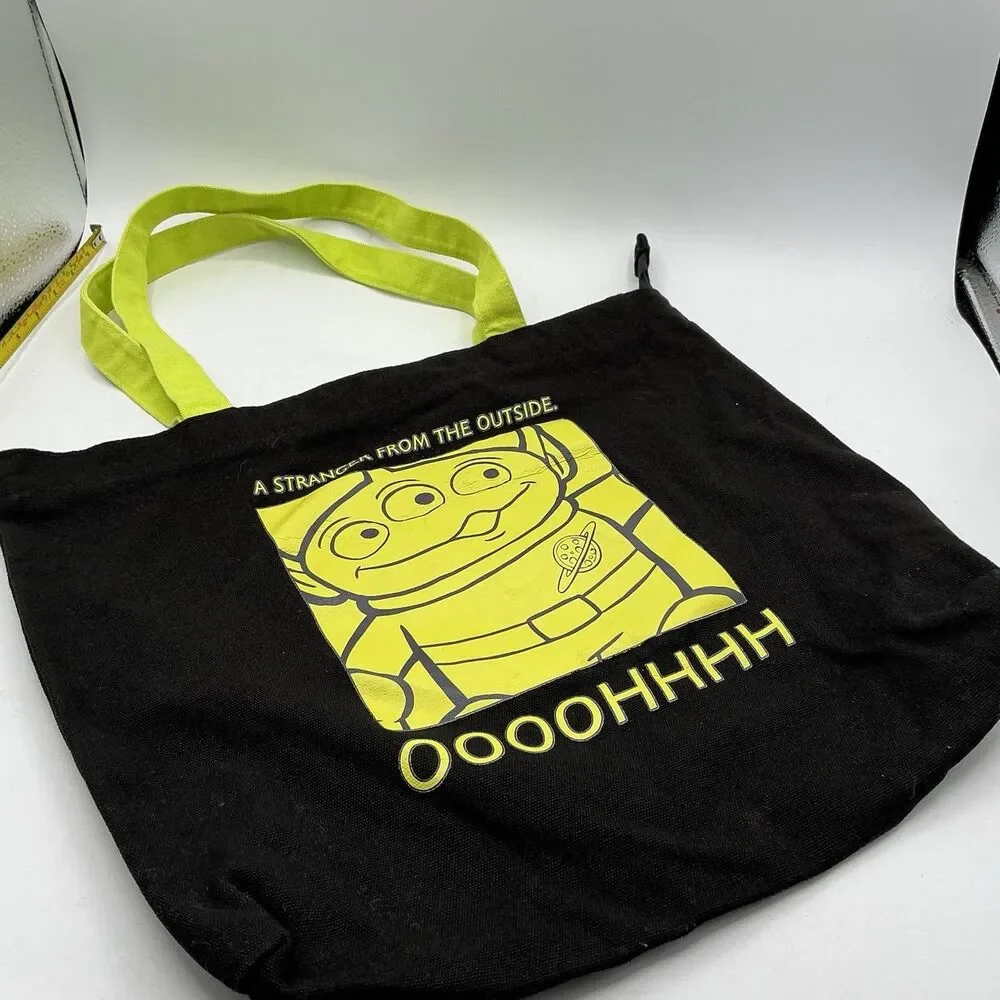 Disney Pixar Toy Story Alien Black Canvas Zip Tote Bag Green Handles 16”